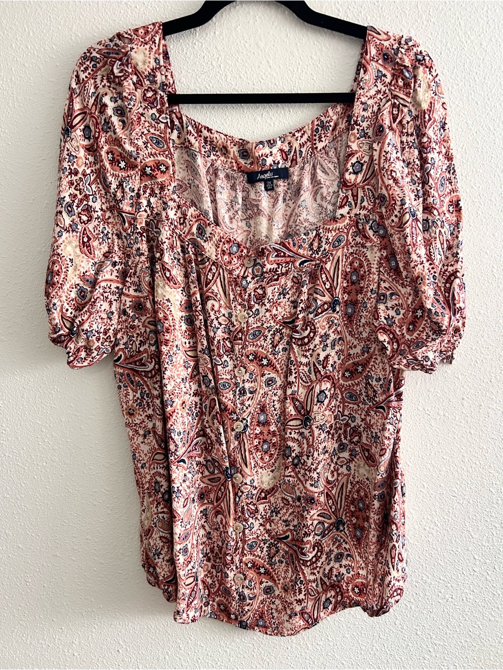 Angels Forever Young Pink Paisley Button-Front Peasant Top